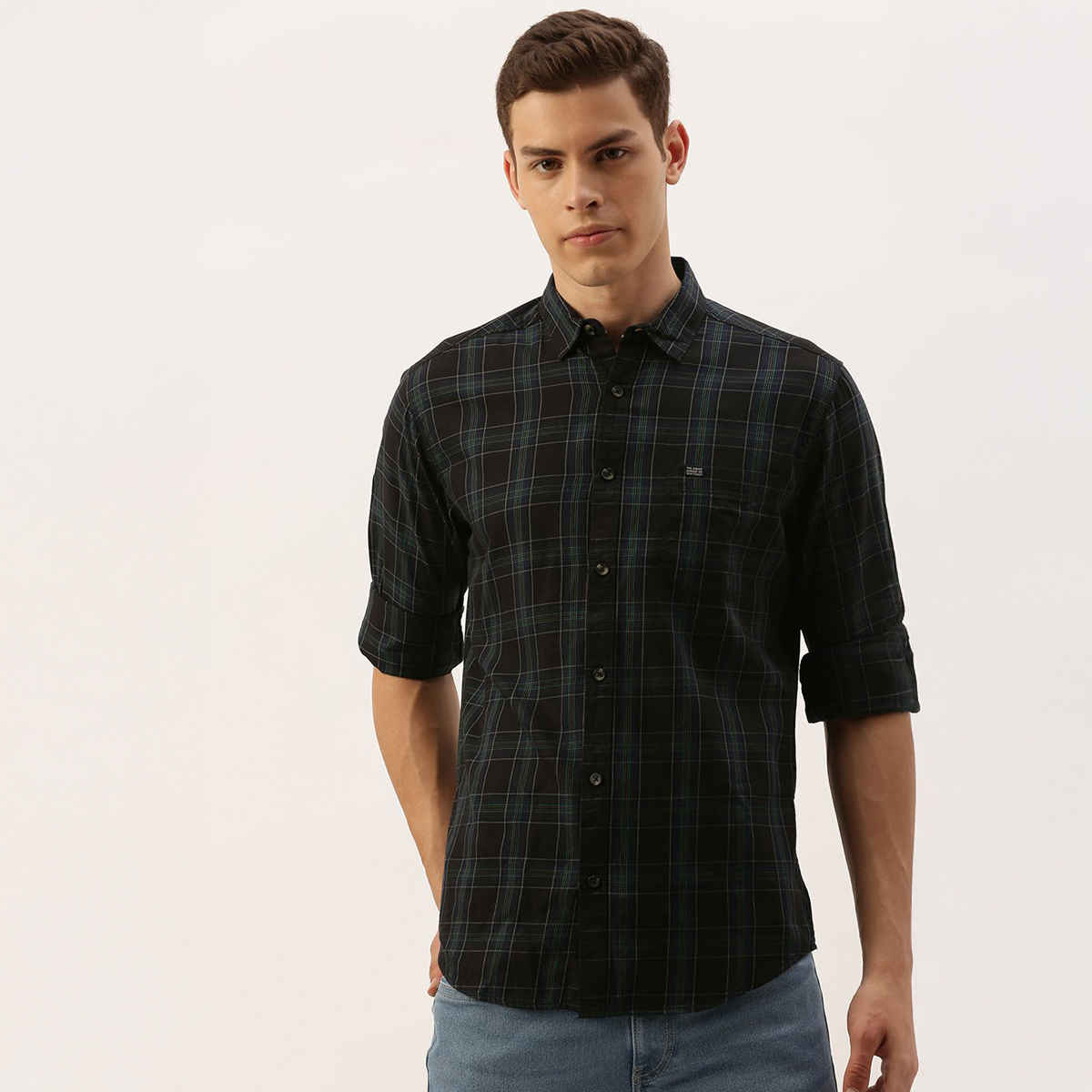 The Indian Garage Co Men's Slim Fit Checkered Casual Shirt | Black - XL