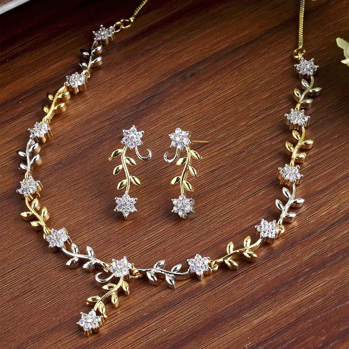 Zeneme Gold-Plated Silver-Toned White AD-Studded Leaf & Flower Shaped Jewellery Set For Women