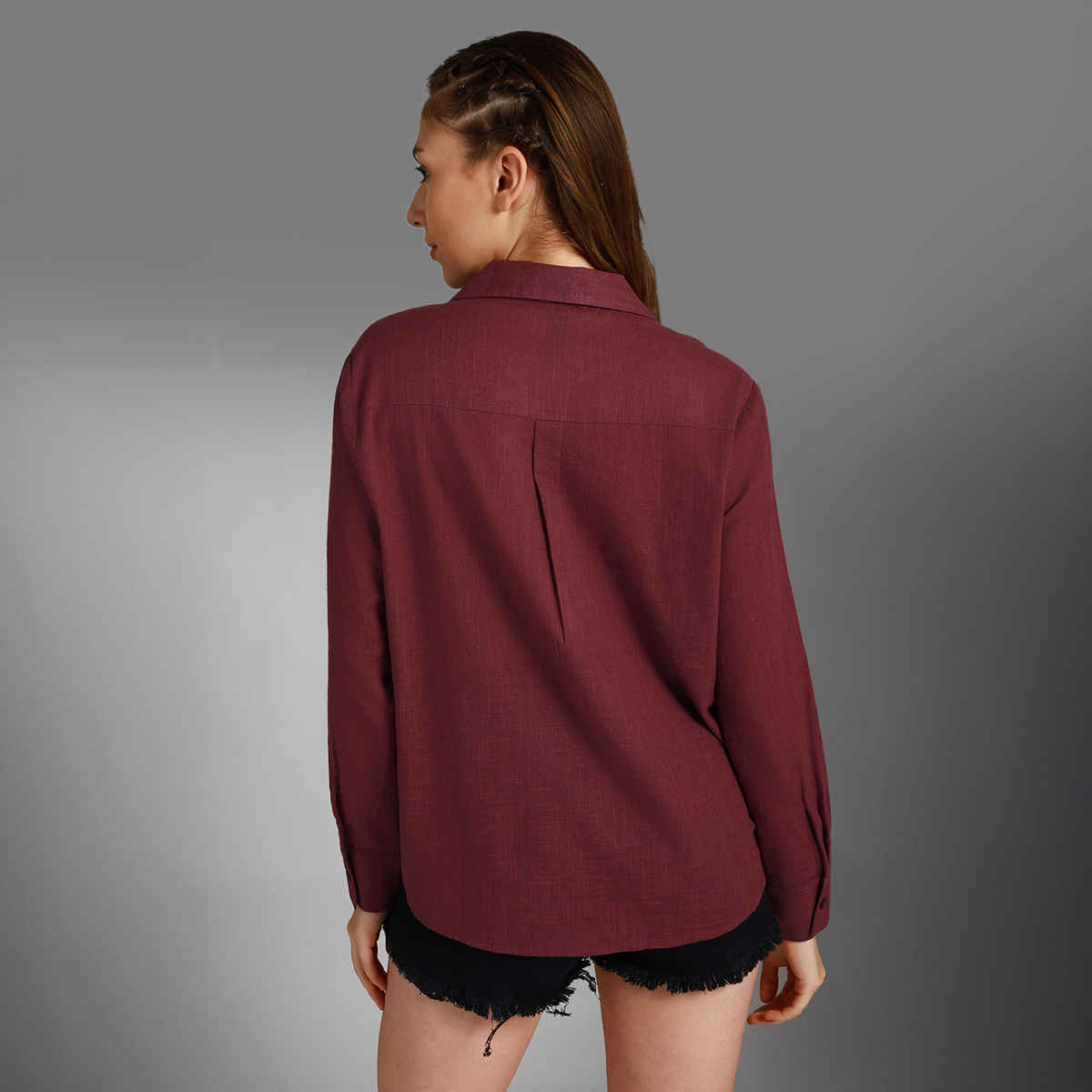 High Star Women Maroon Classic Spread Collar Long Sleeves Cotton Casual Shirt (Size-L)