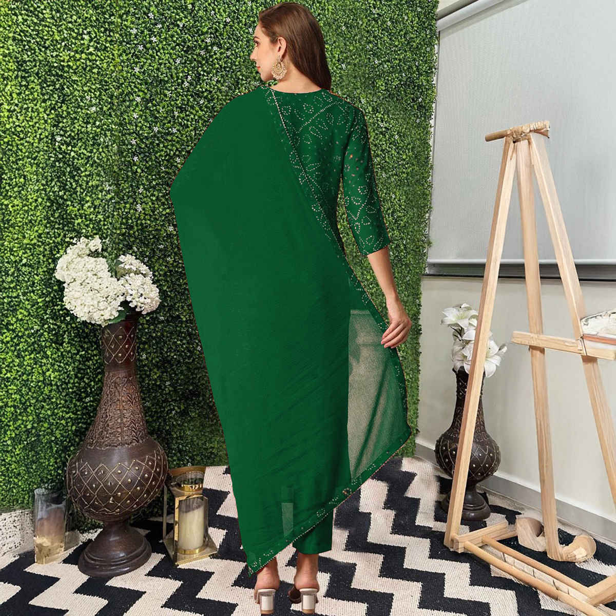 GoSriKi Women's Rayon Blend Straight Printed Kurta with Pant & Dupatta | TURAE | Green - S