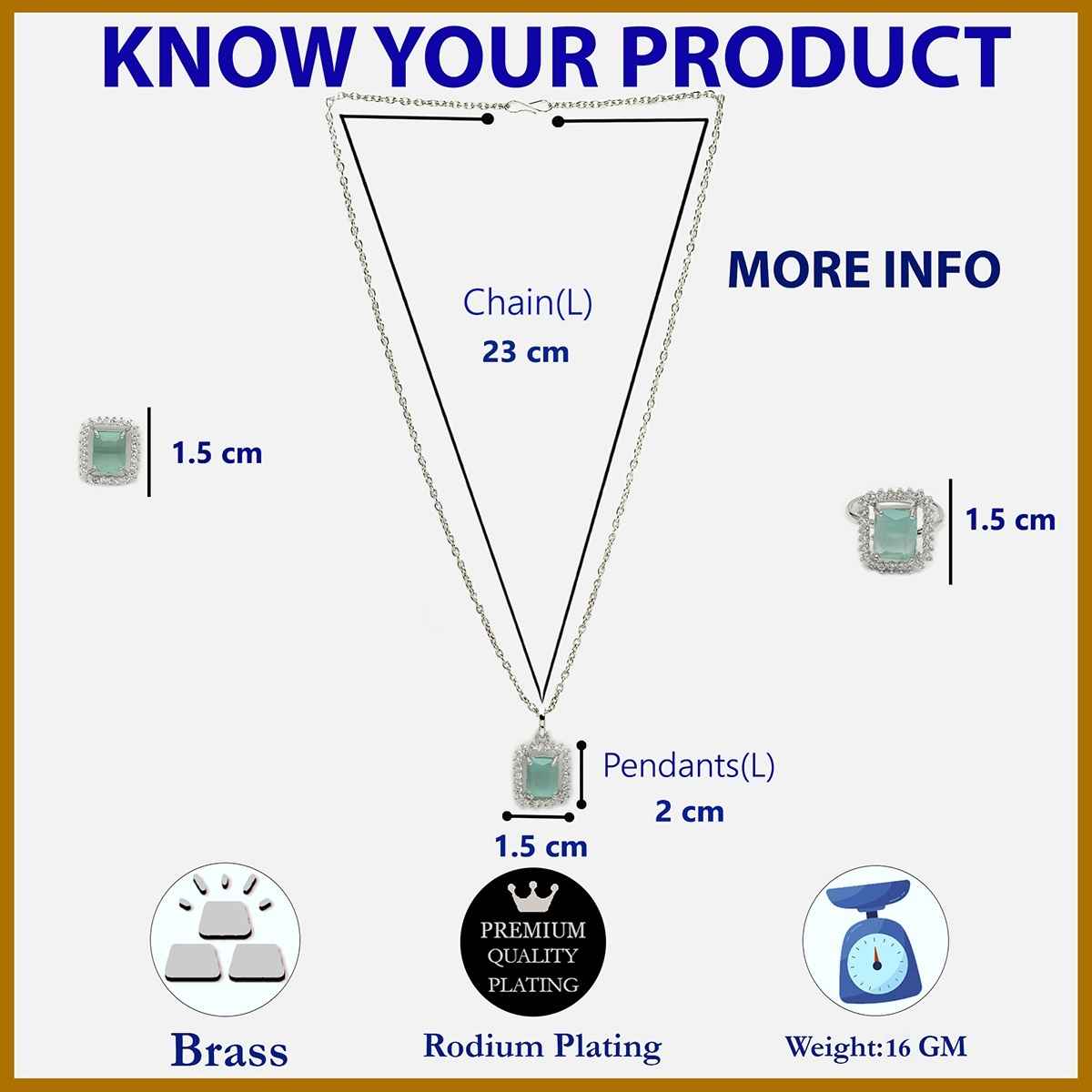 Zeneme Rhodium Plated Sea Green AD Studded Princess Cut Crytsal Necklace Earring Ring For Women