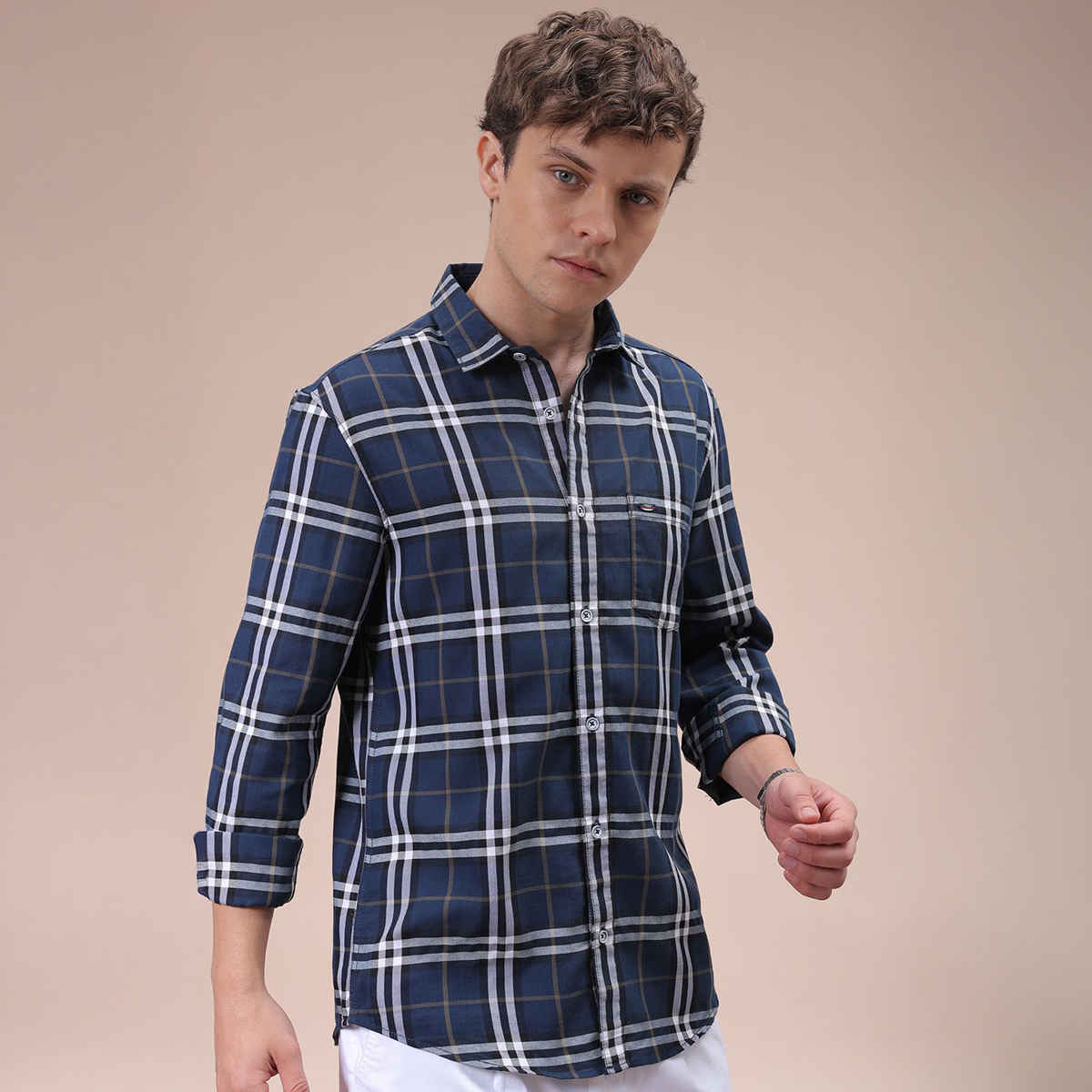The Indian Garage Co Men's Slim Fit Checkered Casual Shirt | Navy Blue - S