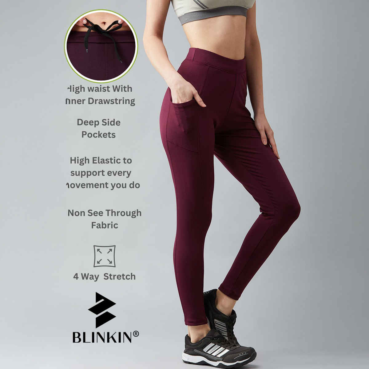 Blinkin Women's Gym Pants & Tights - Maroon | Workout | With Side Pockets | S