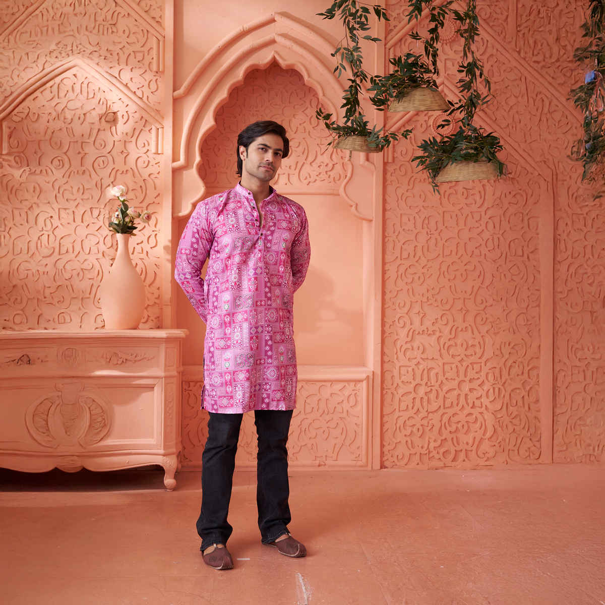 House Of Festivals Men's Printed Cotton Blend Long Kurta | Purple - M