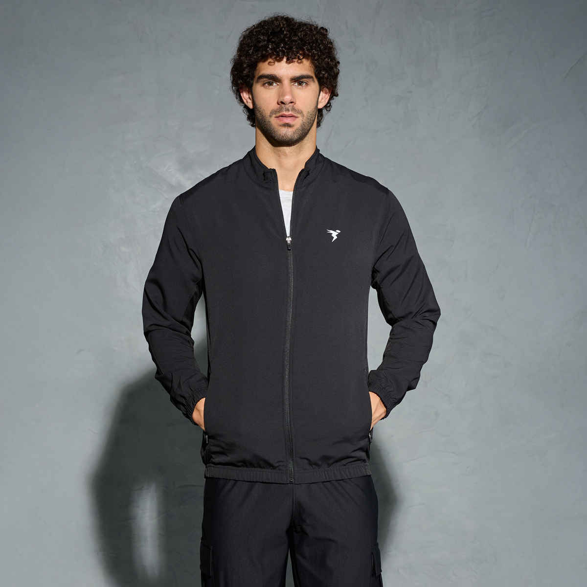 Technosport Men's Poly Solid Slim Fit Mock Neck Full Sleeve Sports Jacket | Black - M