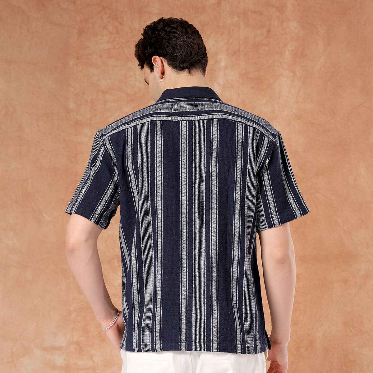 The Indian Garage Co Men's Relaxed Fit Striped Resort Half Sleeve Shirt | Indigo - S