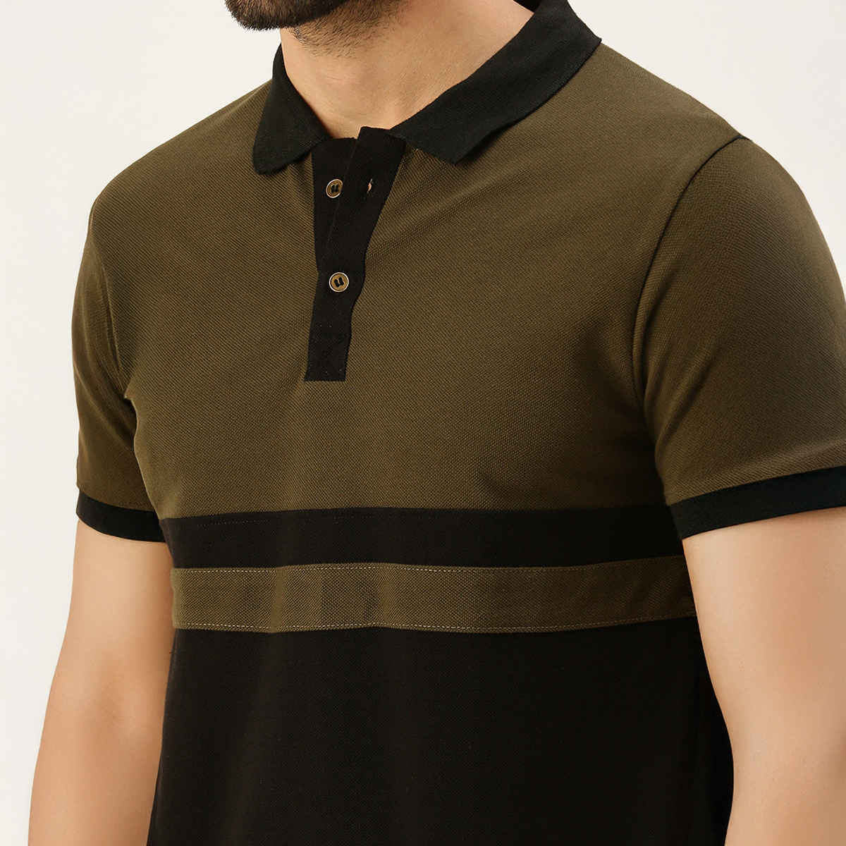 VEIRDO Men's Colorblock Regular Polo T-Shirt | P-22 BLK OLIVE | Olive - S