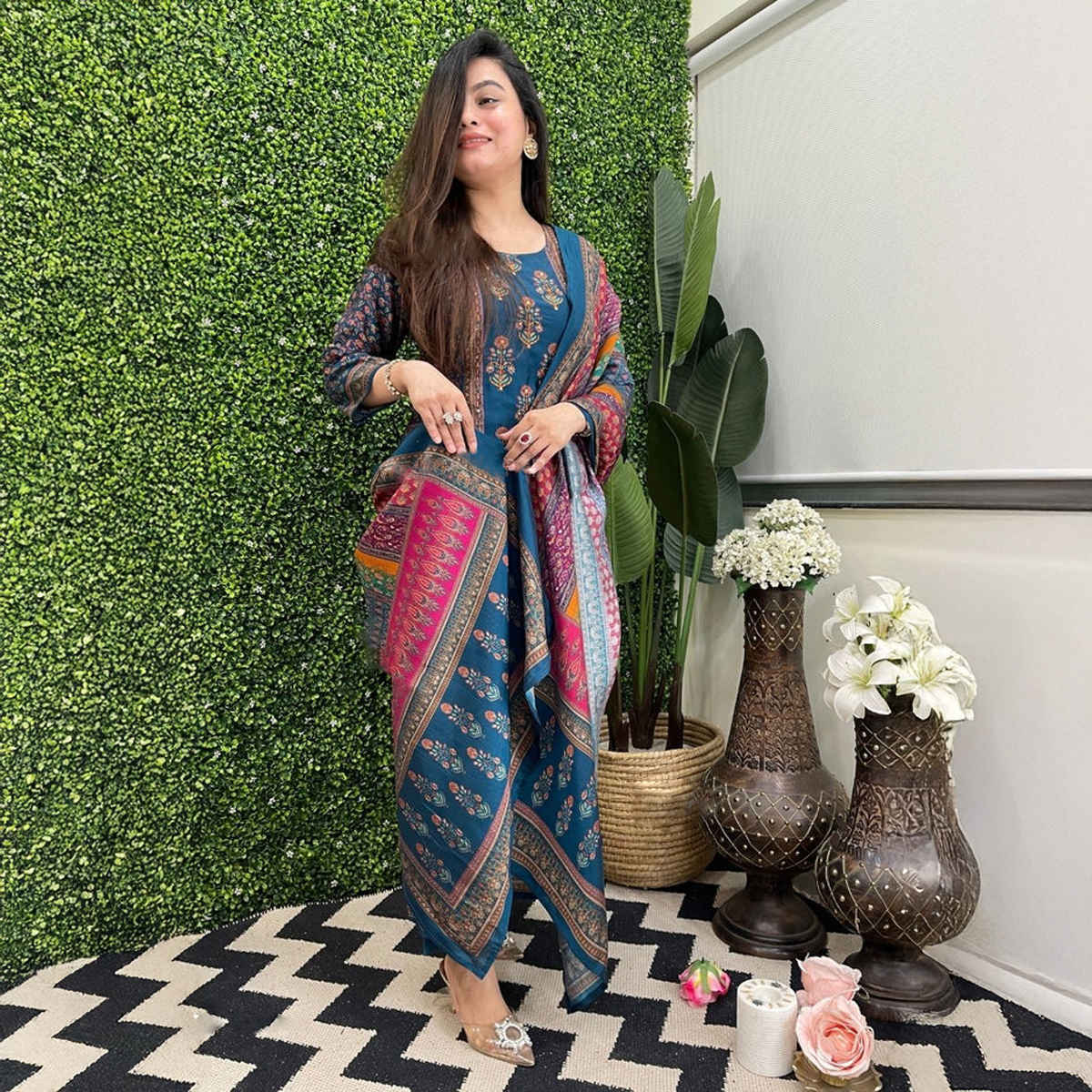 GoSriKi Women's Rayon Blend Straight Printed Kurta with Pant & Dupatta | SULA | Multi - S