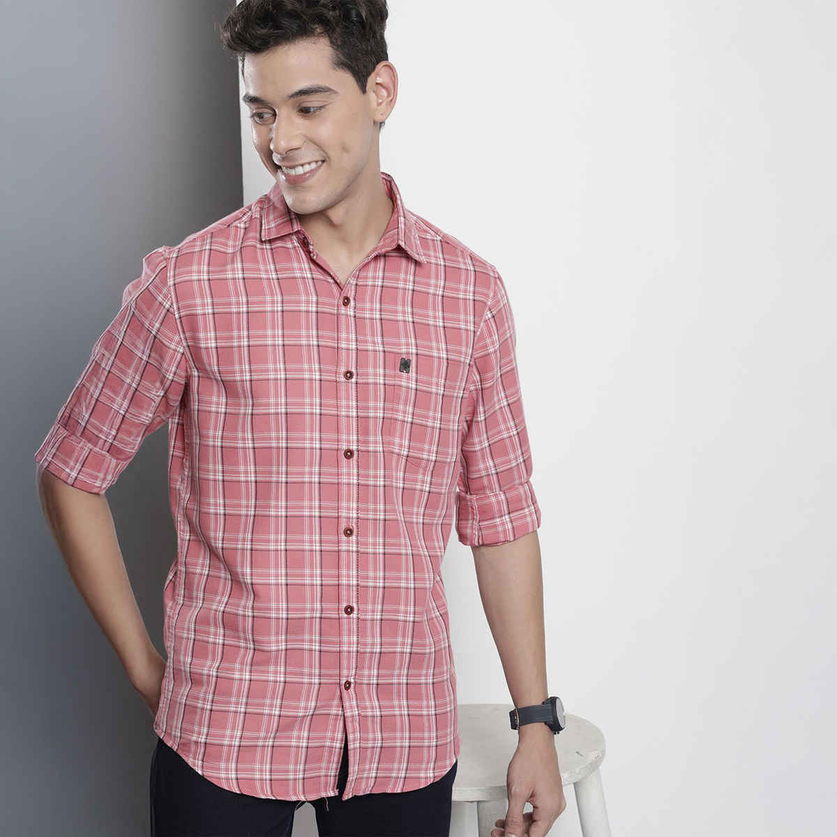 The Indian Garage Co Men's Regular Fit Checkered Casual Shirt | Pink - S