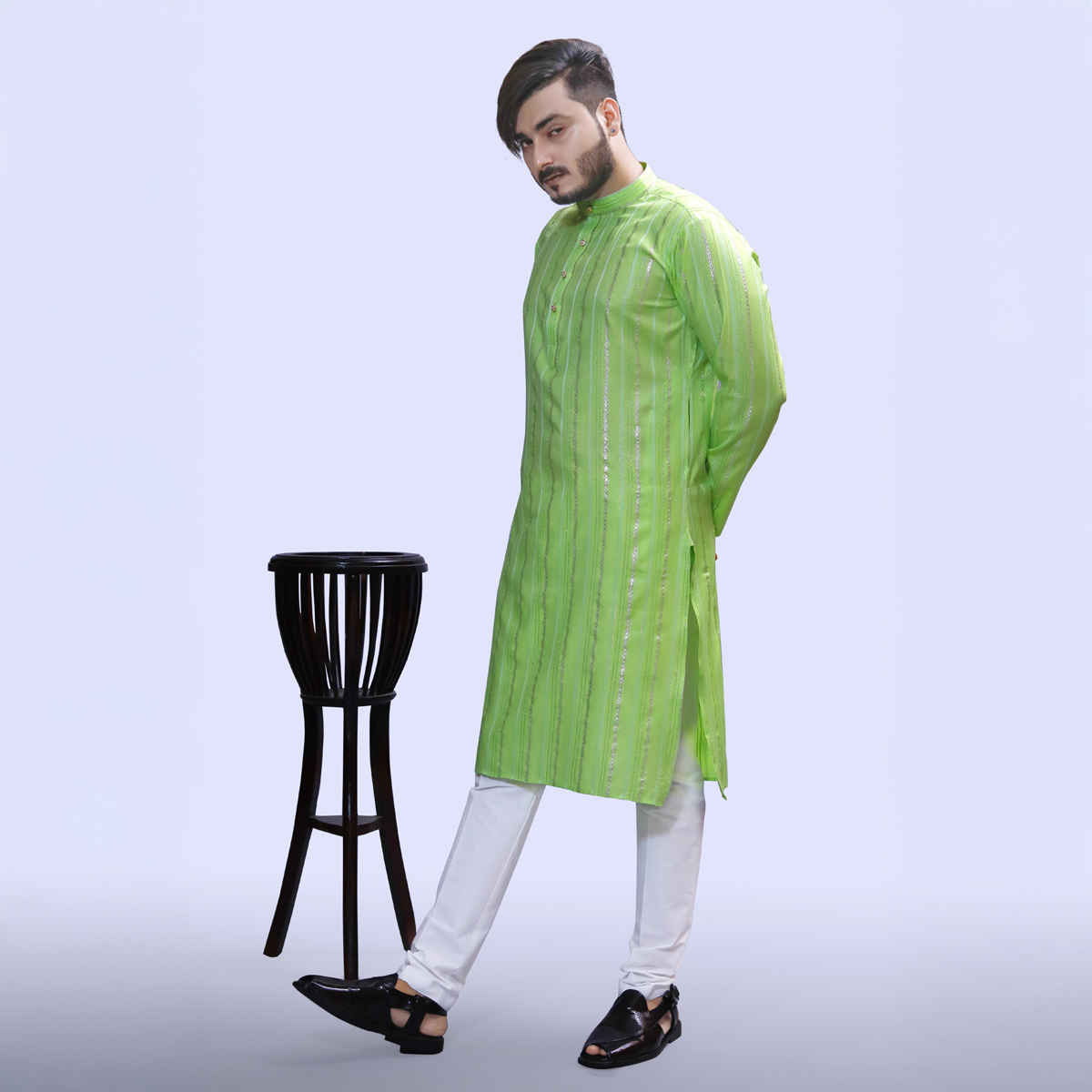 Tibra Collection Men Kurta - Green | Solid | Thin Striped | Cotton Blend | L
