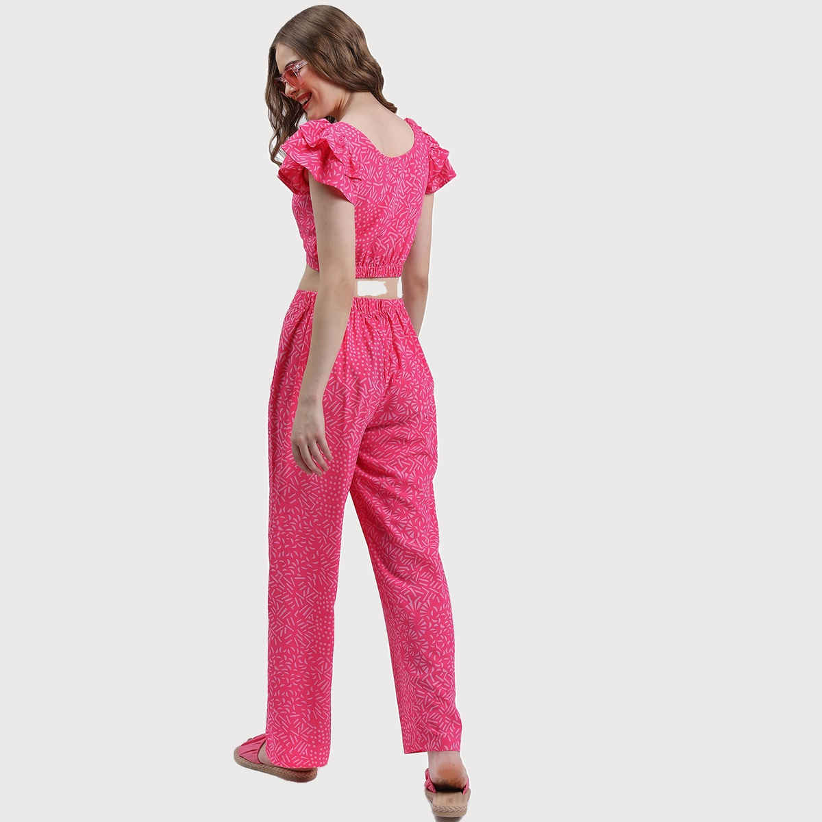 Ketch Women Geometric Printed Crop-Top and Trousers Co-ords | Pink | S