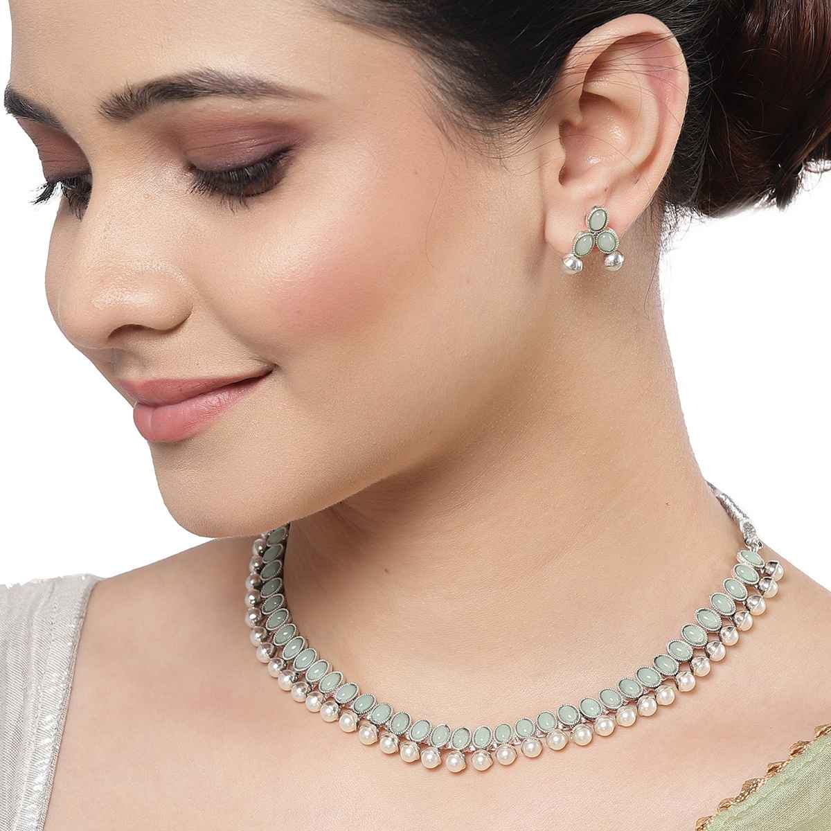 Zeneme Oxidised Silver Traditional Sea Green CZ Necklace With Earrings Jewellery For Women & Girls