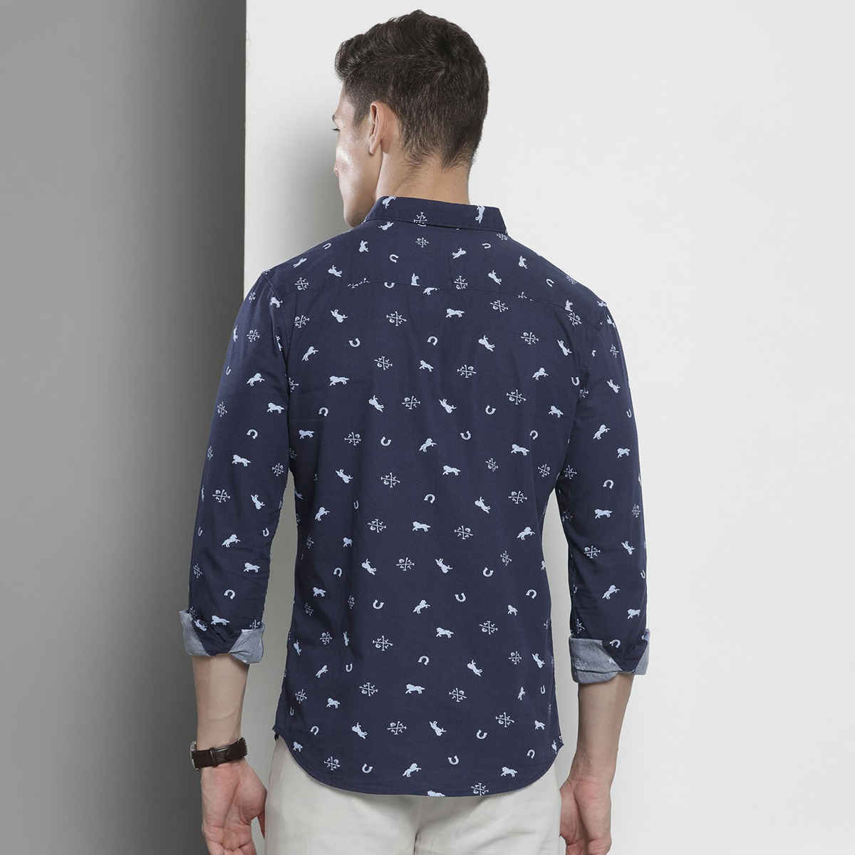 The Indian Garage Co Men's Regular Fit Animal Print Casual Shirt | Navy Blue - M