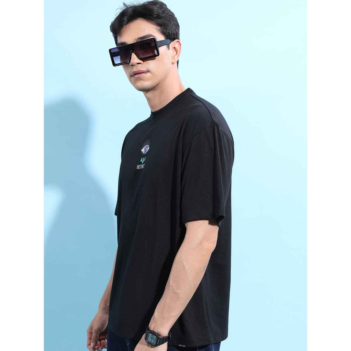 Ketch Men Graphic Printed Drop Shoulder Sleeves Oversized Fit T-Shirt | Black | XL