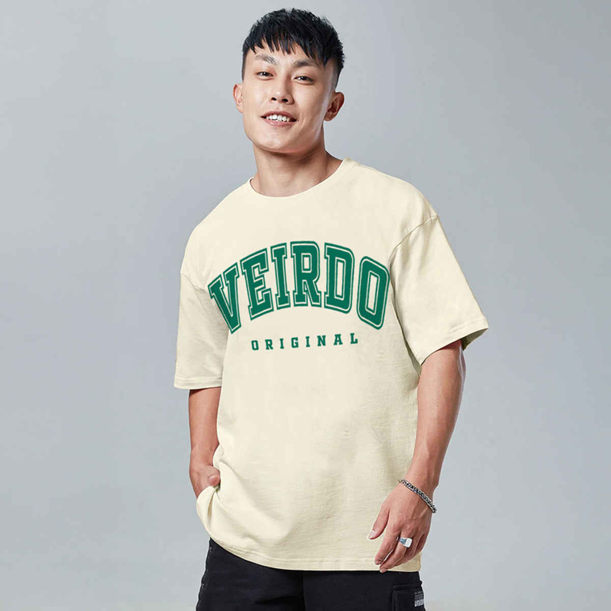 Veirdo Pure Cotton Oversized Fit Round Neck Swan White Printed T-Shirt For Men - S