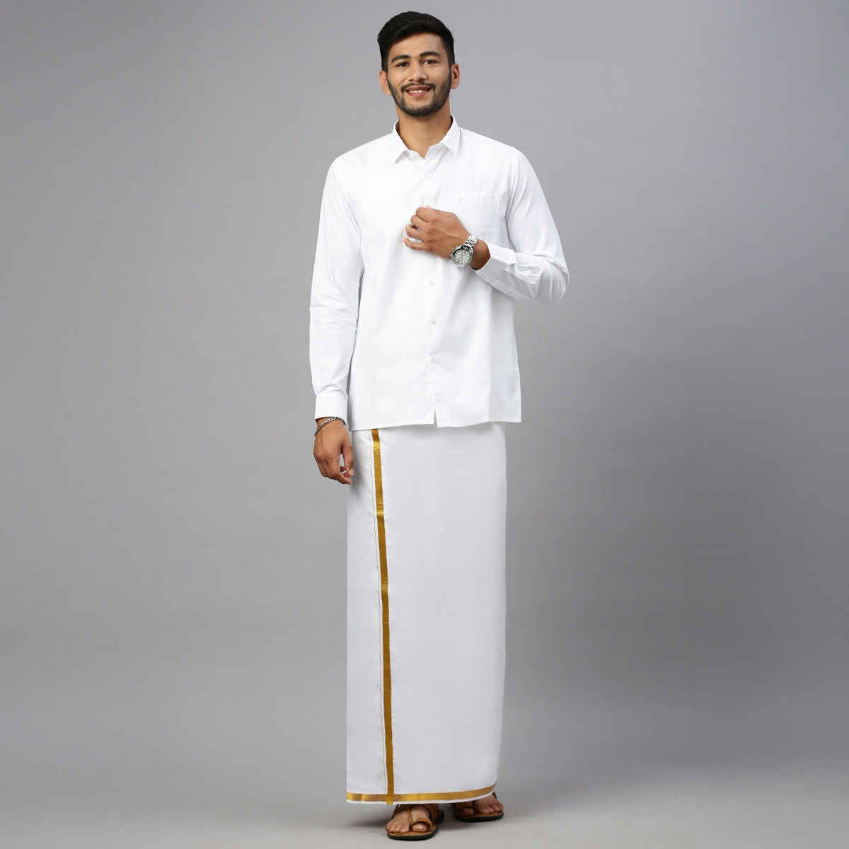 Ramraj Cotton Men's White Dhoti / Mundu / Veshti with Golden Zari Border | Free Size