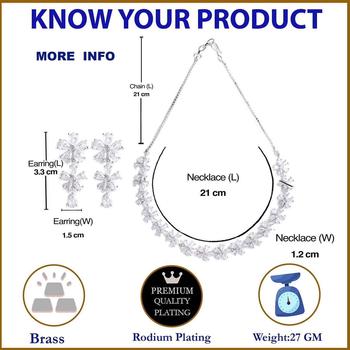 Zeneme Silver-Toned & White AD Stone-Studded Rhodium-Plated Jewellery Set For Women & Girls