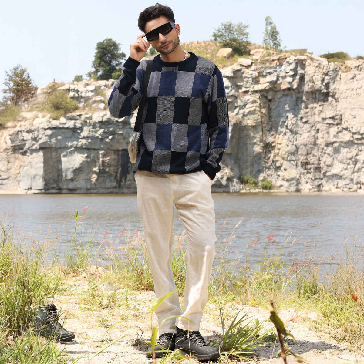 Campus Sutra Men's Block Check Pullover Sweater | Blue - S