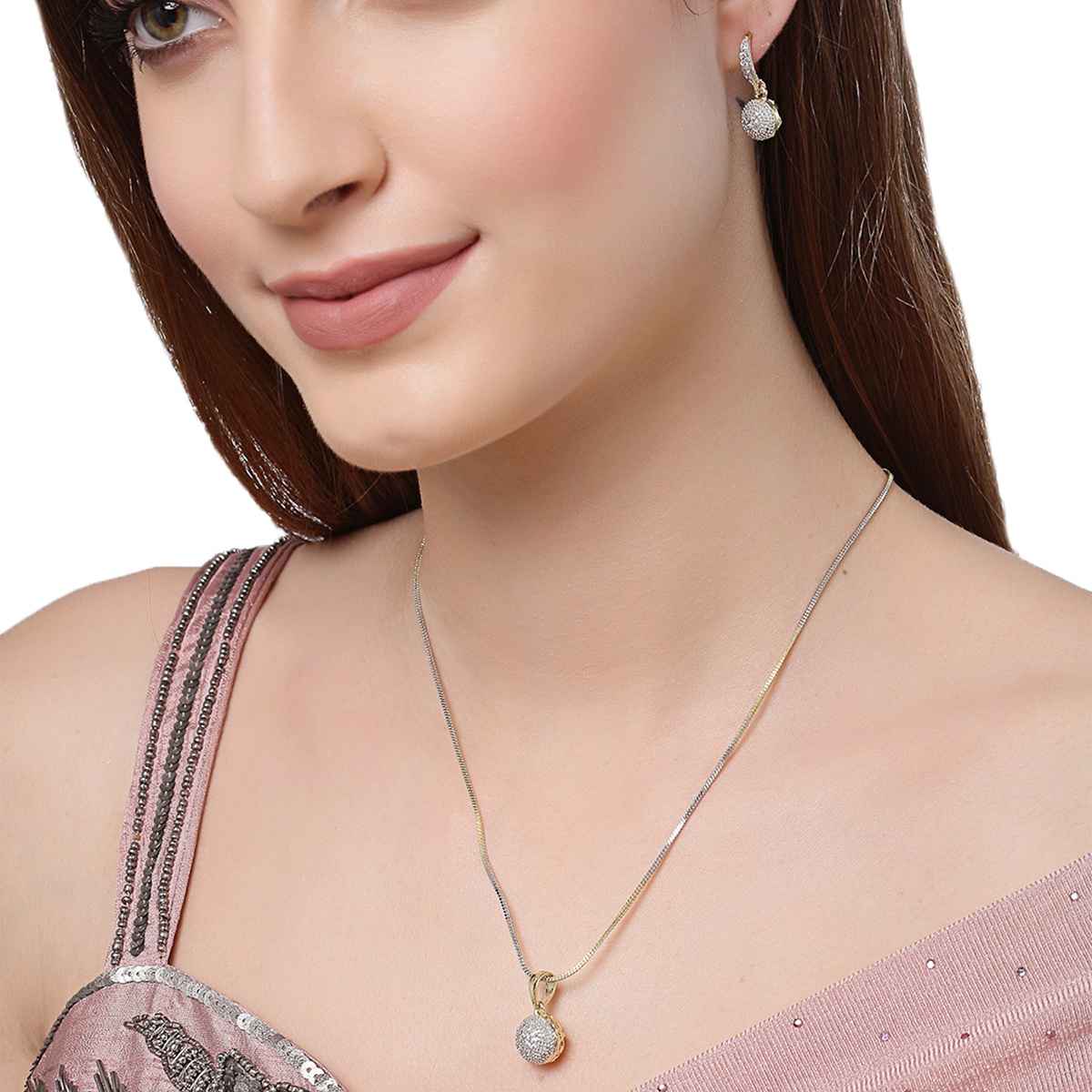 Zeneme Gold Plated Round American Diamond Studded Pendant with Chain and Earring For Women & Girls