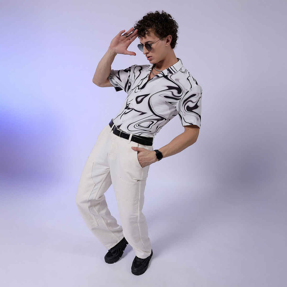 The Indian Garage Co Men's Relaxed Fit Abstract Print Resort Half Sleeve Shirt | White - L