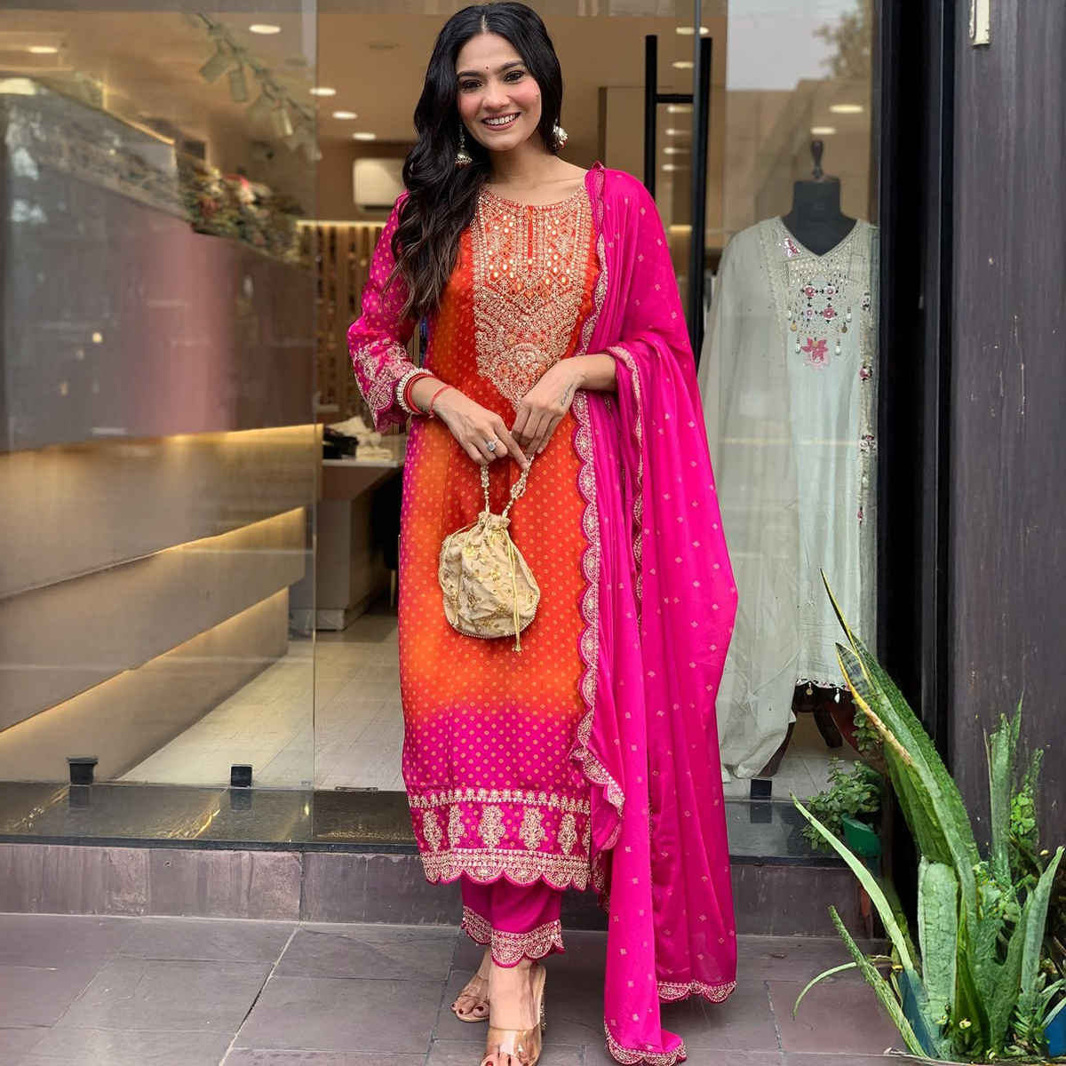 GoSriKi Women's Rayon Blend Straight Embroidered Kurta with Pant & Dupatta | LASIVAN | Pink - L