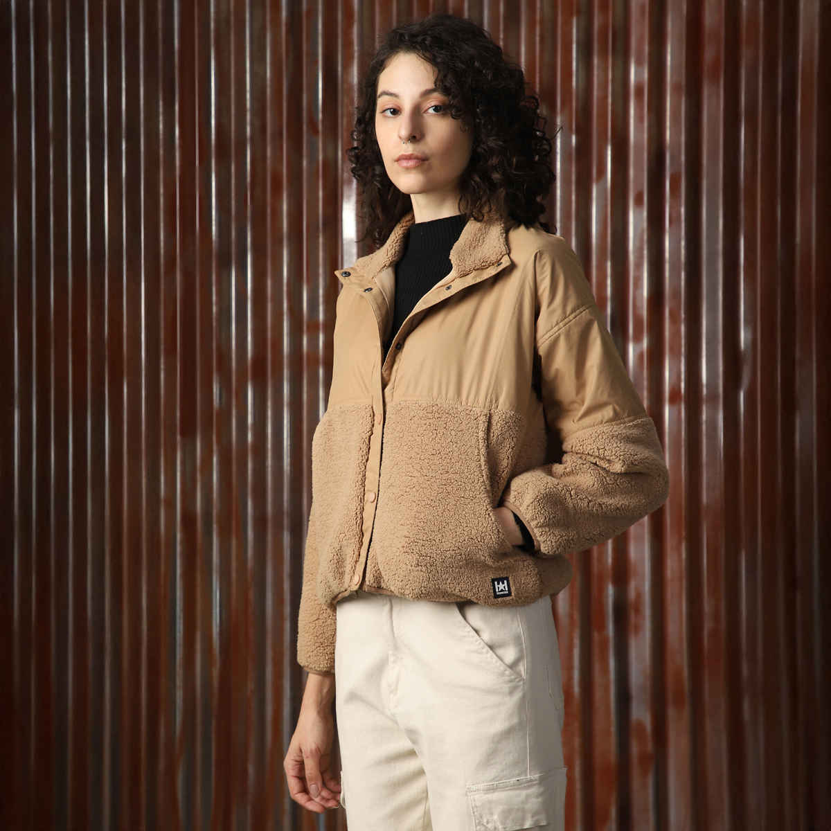 High Star Women's Self Design Hooded Front-Open Sweatshirt | Brown - S