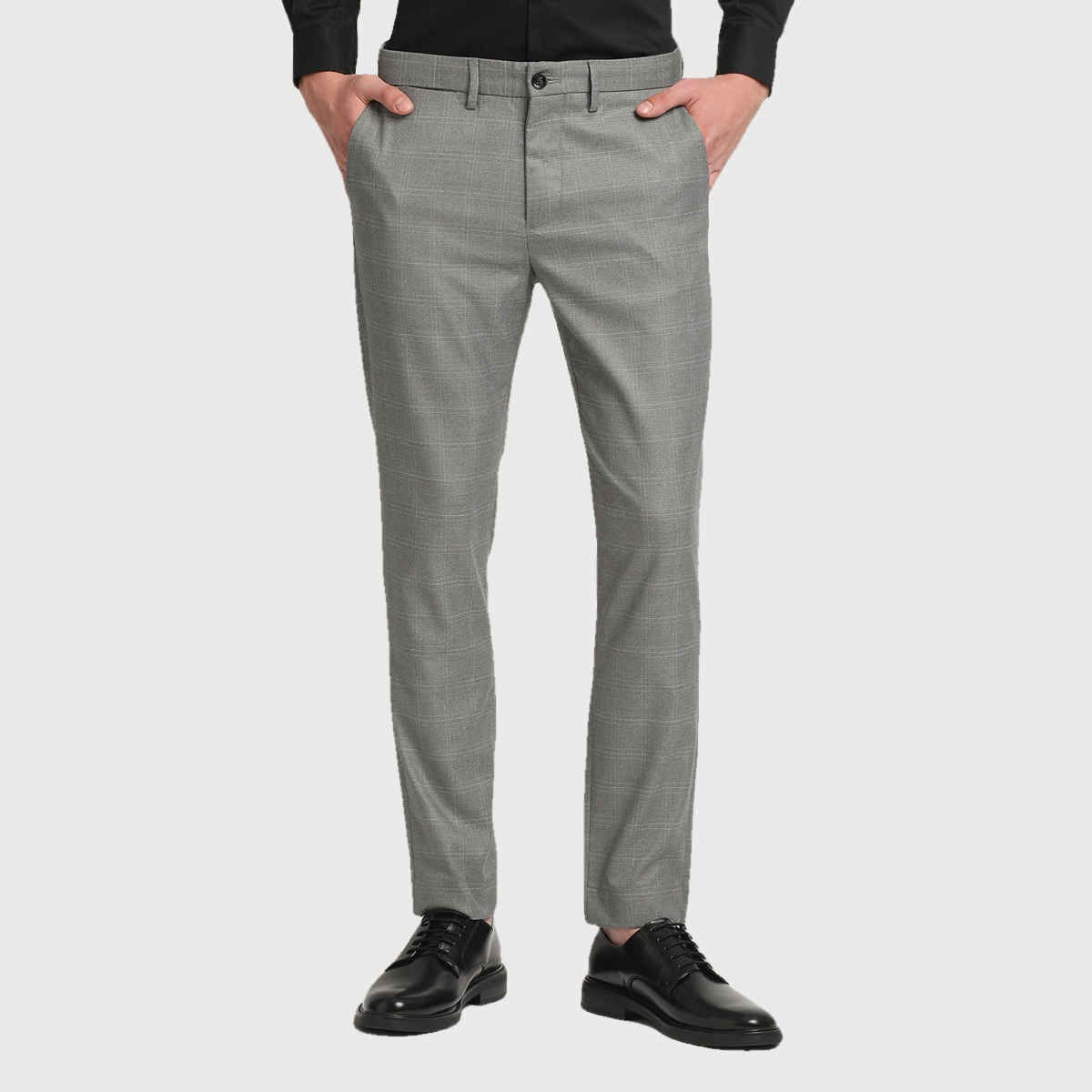 The Bear House Men Slim Fit Checked Polyester Blend Formal Trouser - Caneel | Grey | 30