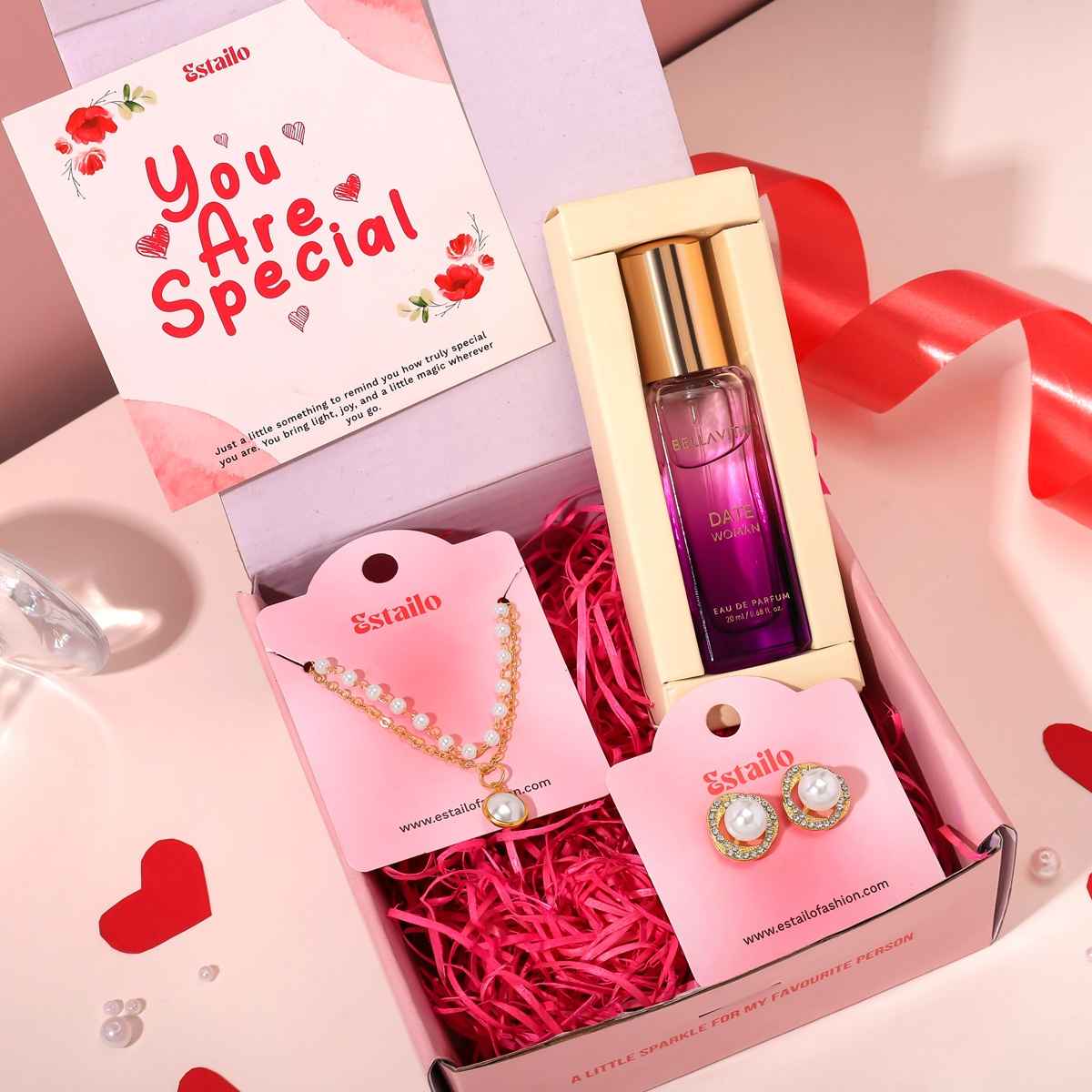 Estailo Fashion Gift Box Pearl Earrings, Necklace & Perfume | Women's Day