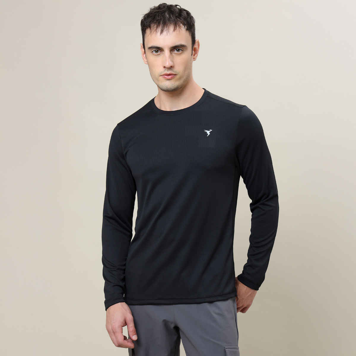 Technosport Men's Poly Solid Slim Fit Round Neck Full Sleeve Sports T-shirt | Black - M