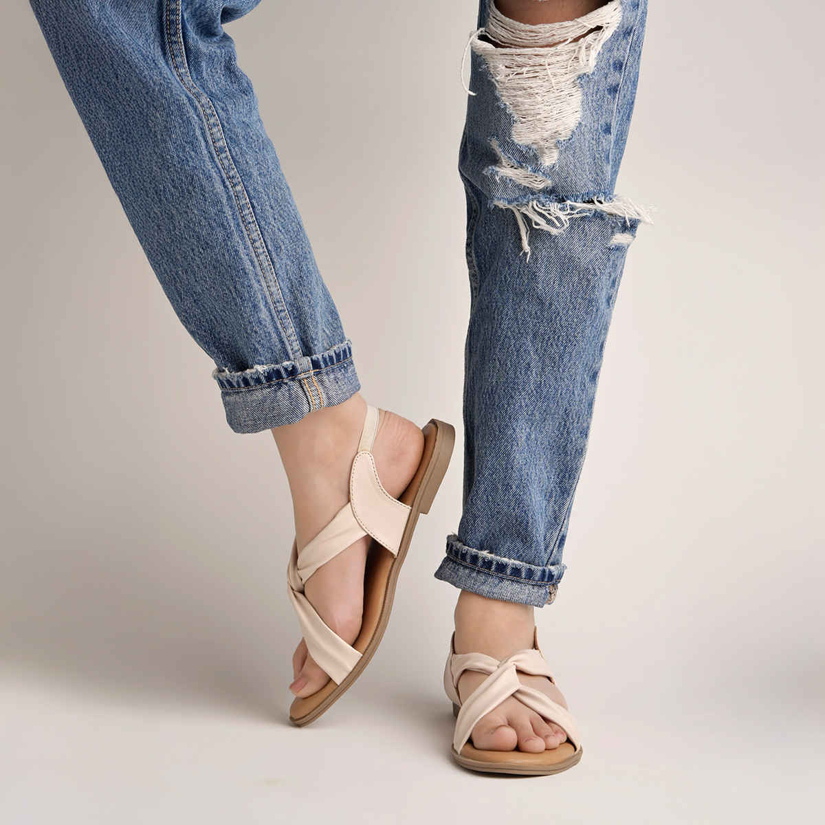 Shoetopia Cross Strap Cream Flat Sandals For Women | UK 5