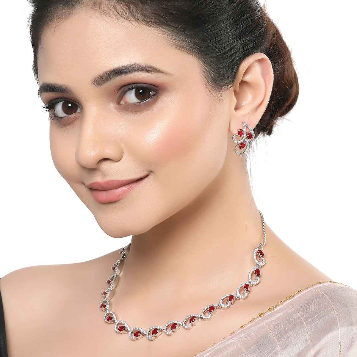 Zeneme Rhodium-Plated Silver-Toned Red American Diamond Necklace Set & Earrings For Women & Girls