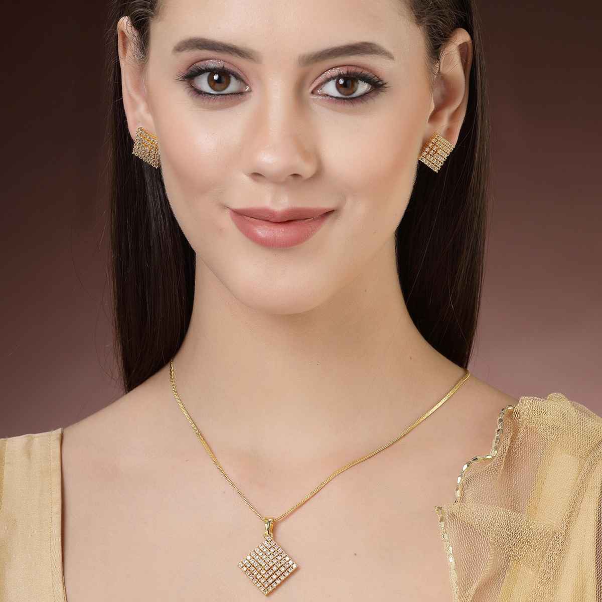 Zeneme Gold-Plated American Diamond Studded Square Shaped Necklace and Earrings For Women & Girls