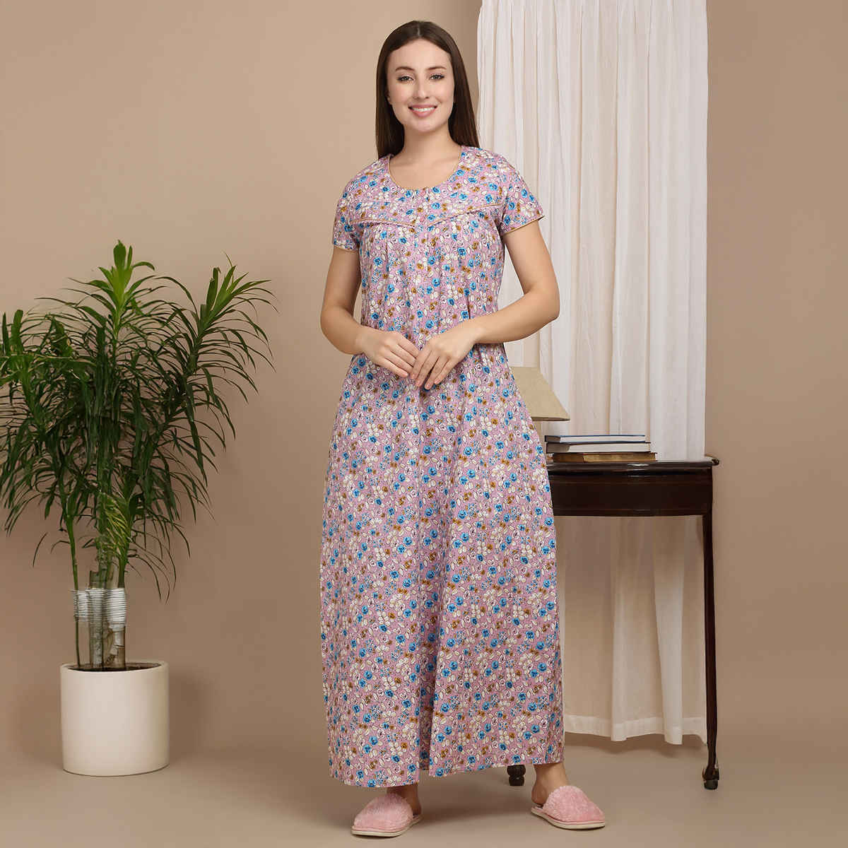 Sweet Dreams Women Floral Print Full Length Night Dress (Rose, M)