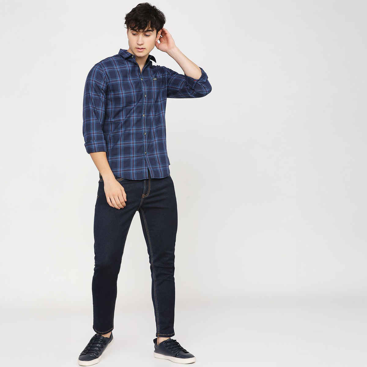 The Indian Garage Co Men's Slim Fit Checkered Casual Shirt | Navy Blue - 2XL