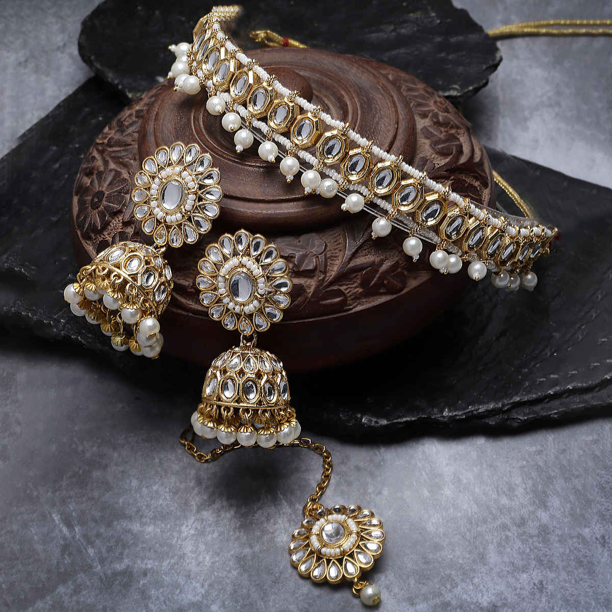 Sukkhi Heavenly Gold Plated White Kundan & Beads Studded Choker Necklace Set