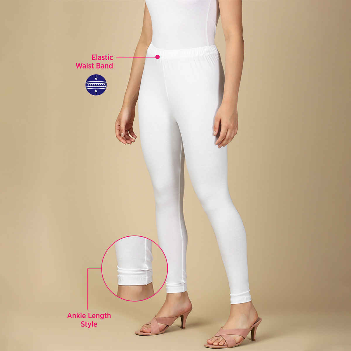 PYNK By Lux Cozi Flexi-Fit 360 Stretch Ankle Length Premium Cotton Leggings | White|Free Size