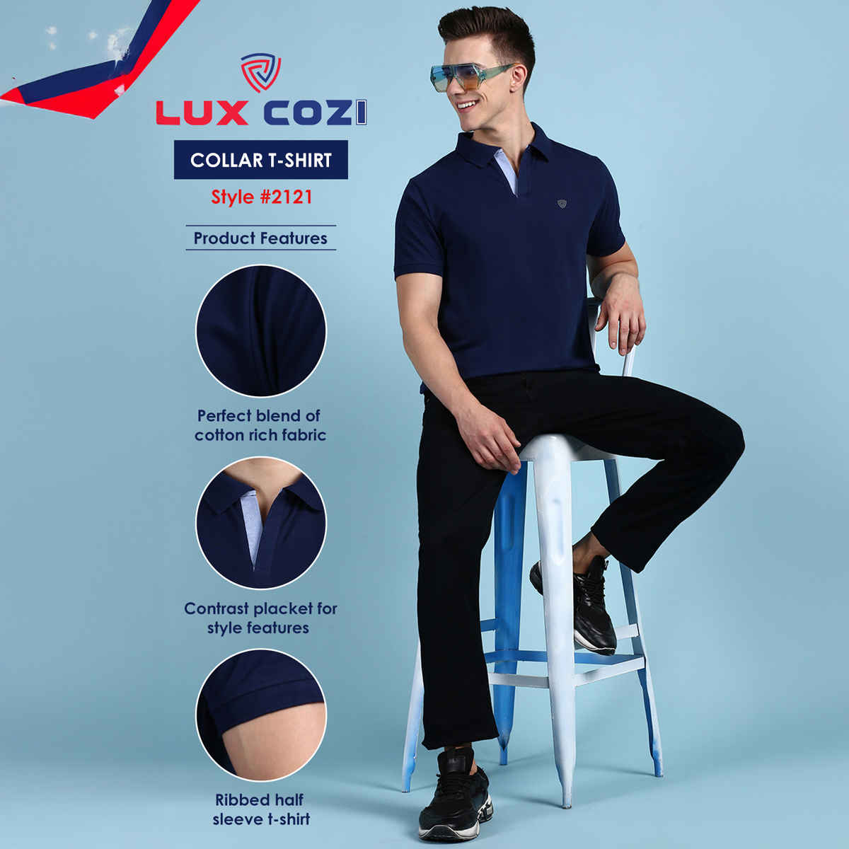 Lux Cozi Men's Solid Cotton Polo T-shirt | Ink Blue - M