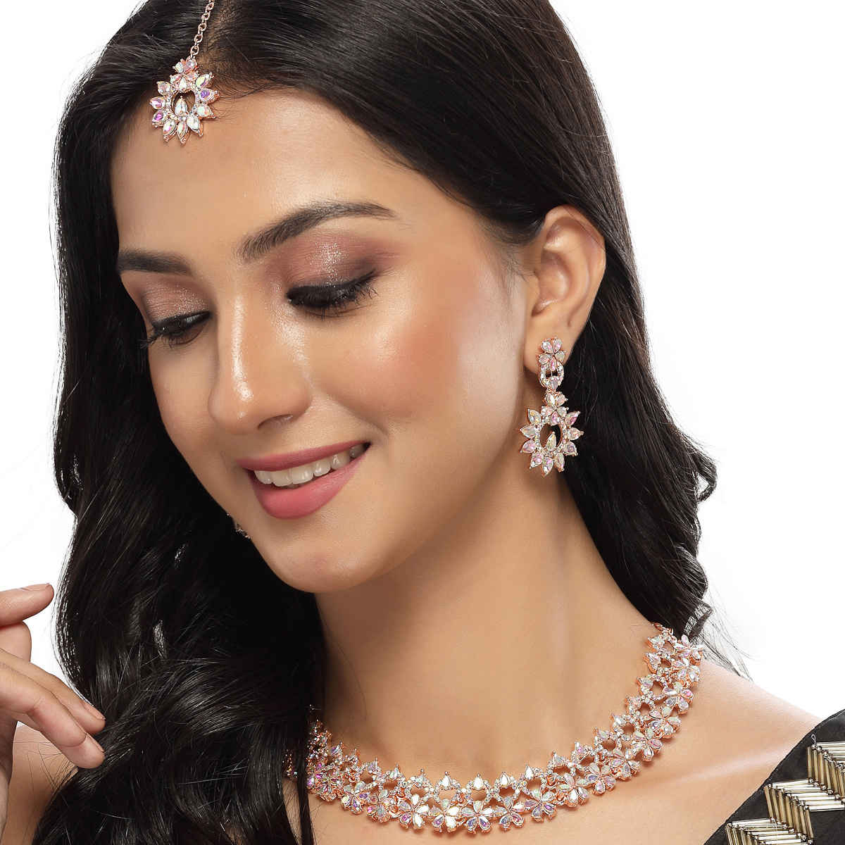 Sukkhi Innovative Rose Gold Plated Rose Gold Stone Studded Choker Necklace Set