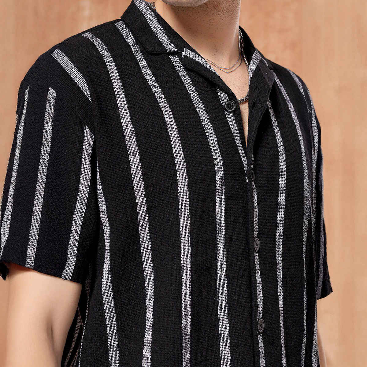 The Indian Garage Co Men's Relaxed Fit Striped Resort Half Sleeve Shirt | Black - S