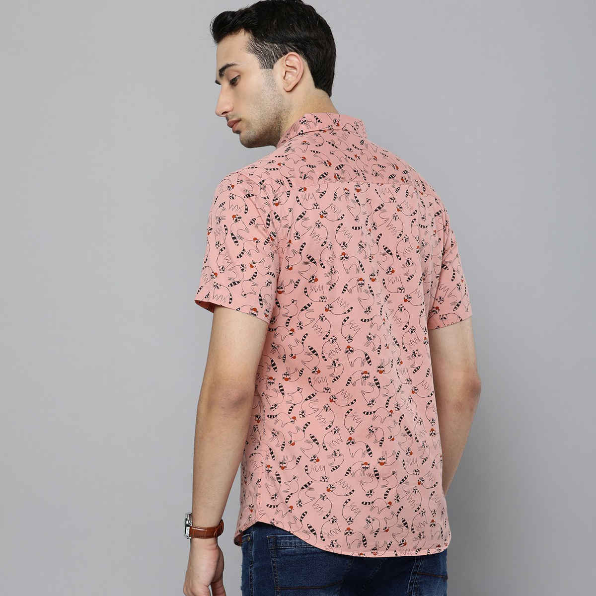The Indian Garage Co Men's Slim Fit Animal Print Casual Half Sleeve Shirt | Pink - XL