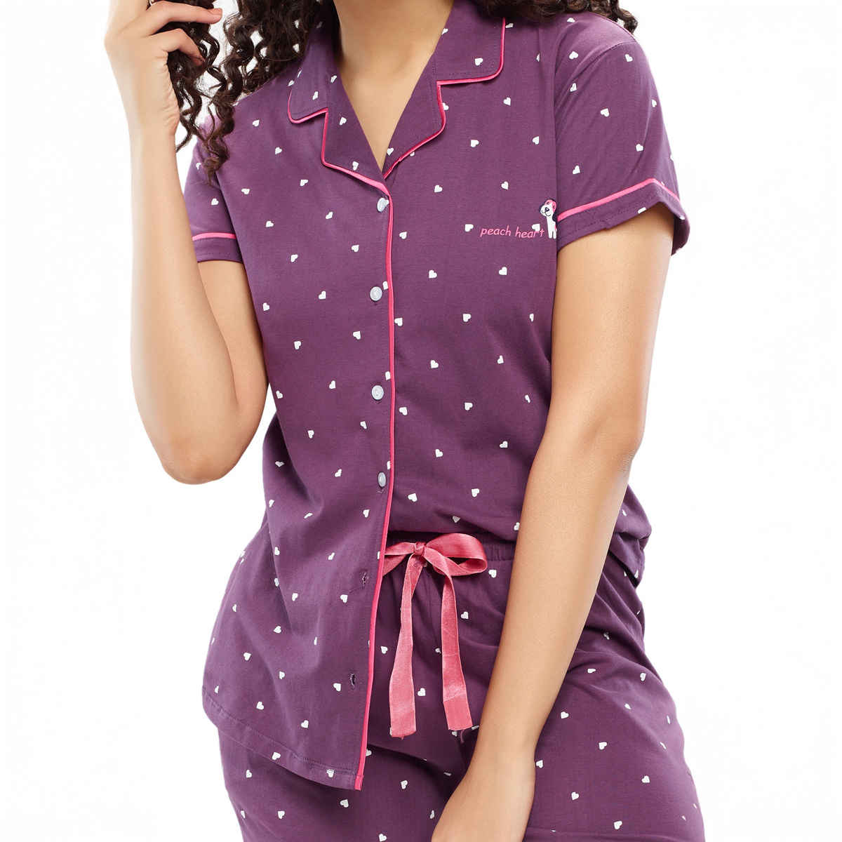 Zeyo Women's Cotton Heart Printed Stylish Night Suit Set of Shirt & Pyjama | 5612 Purple-XL