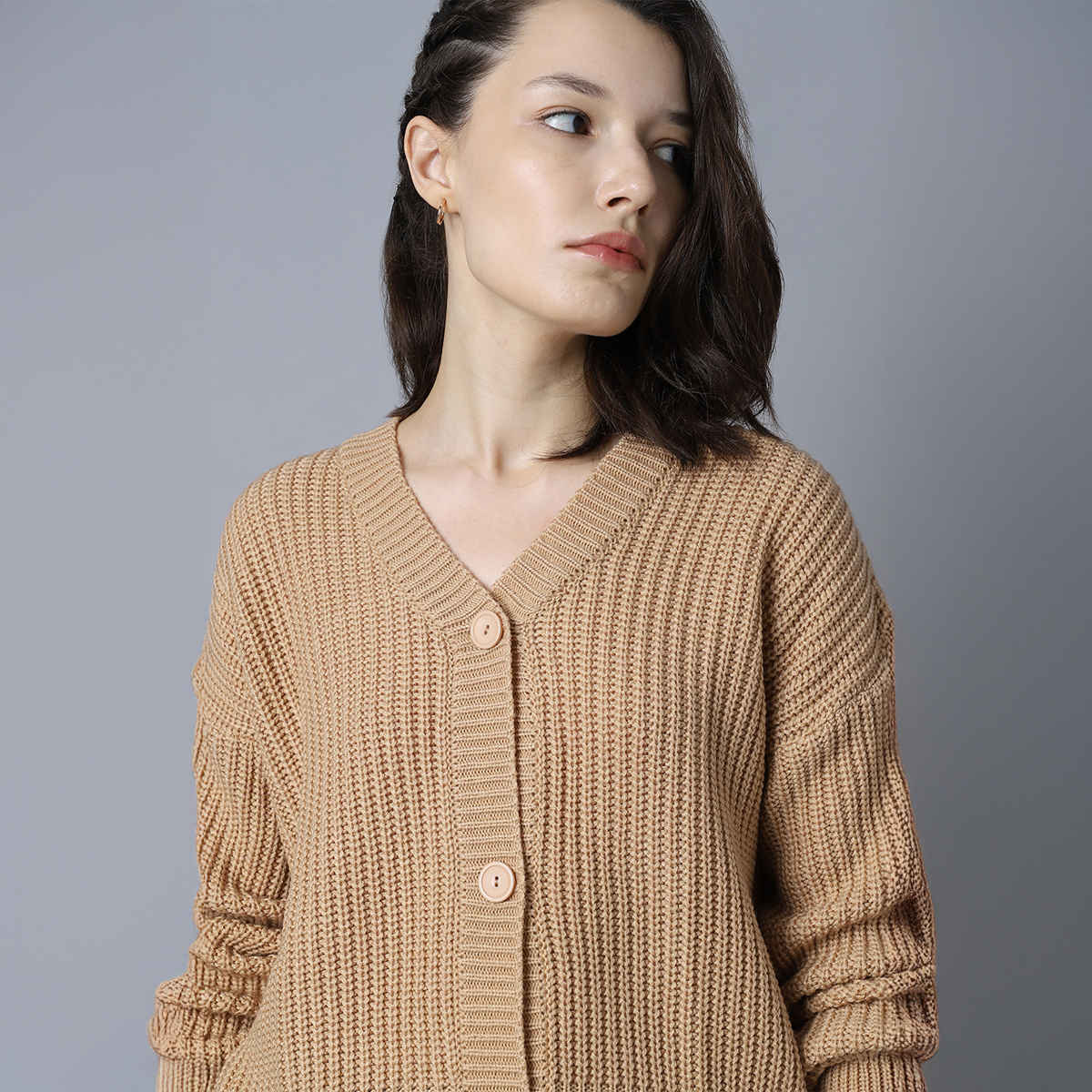 High Star Women's Sand Ribbed V-Neck Long Sleeves Acrylic Cardigan Sweaters | M