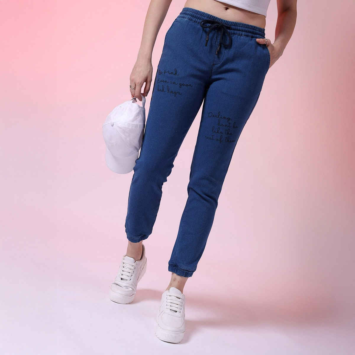 Freehand Women's Mid-Rise Medium Washed Printed Joggers With Elasticated Drawstring | Blue - 28