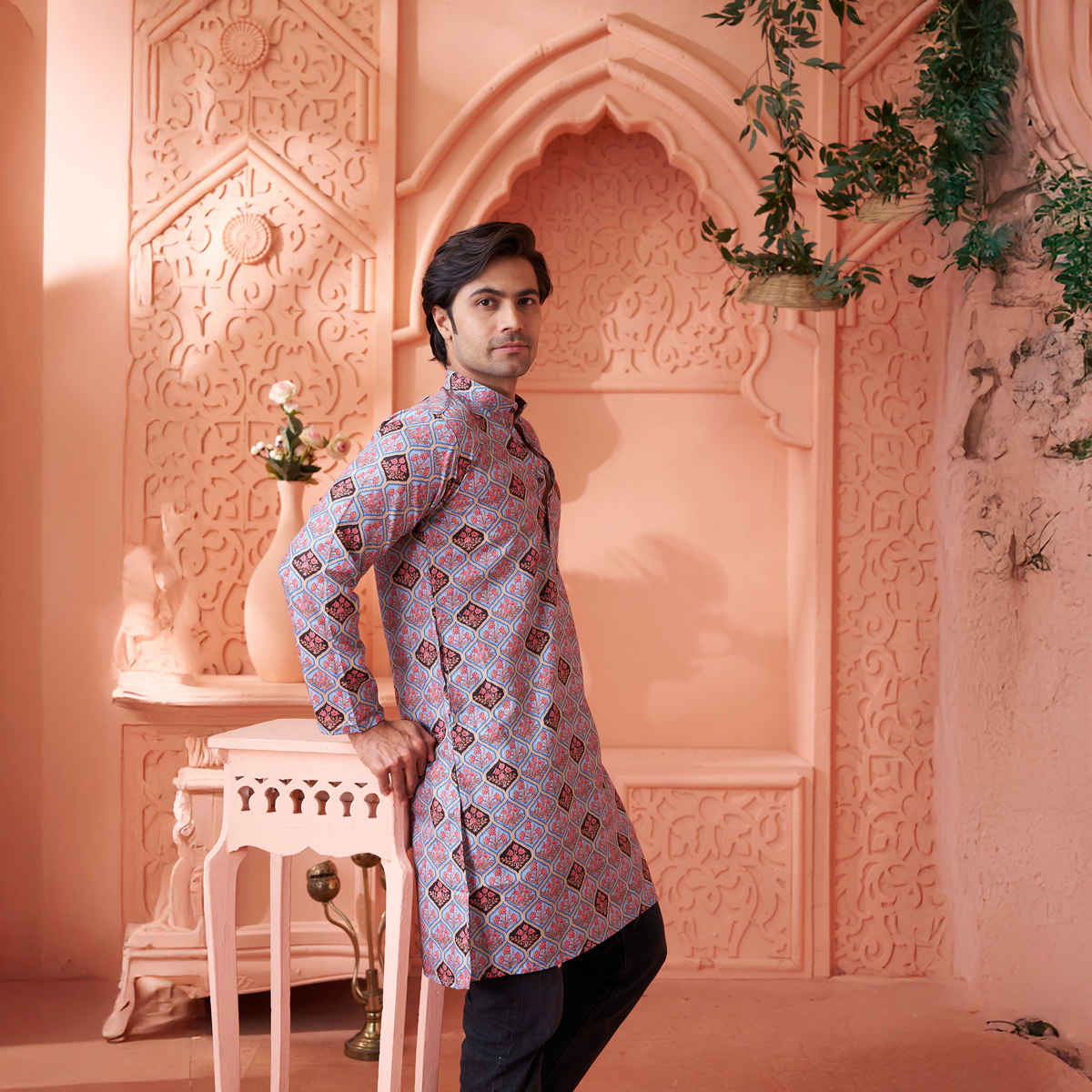 House Of Festivals Men's Printed Cotton Blend Long Kurta | Light Blue - M