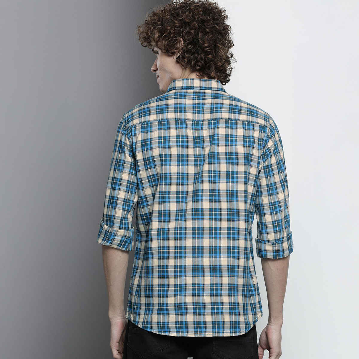 The Indian Garage Co Men's Slim Fit Checkered Casual Shirt | Blue - XL