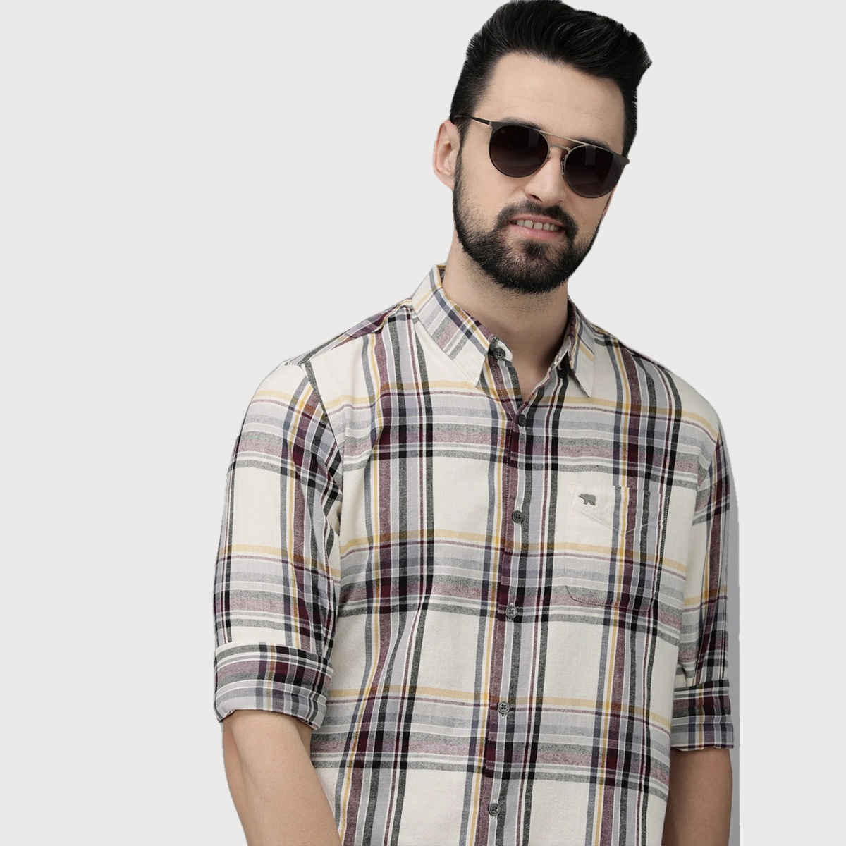The Bear House Men Slim Fit Checked Flannel Cotton Casual Shirt - Fresia | White and Purple | M