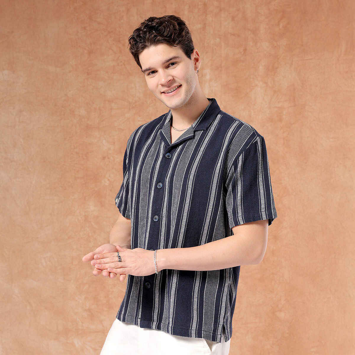 The Indian Garage Co Men's Relaxed Fit Striped Resort Half Sleeve Shirt | Indigo - S