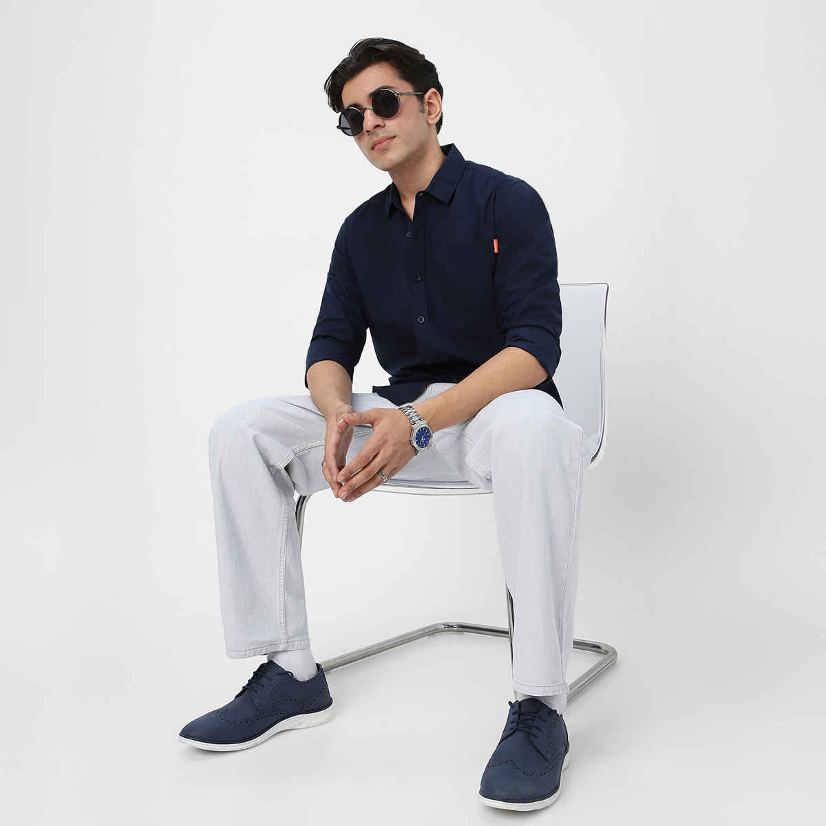 Urbano Fashion Men's Navy Cotton Full Sleeve Regular Fit Casual Solid Shirt-S