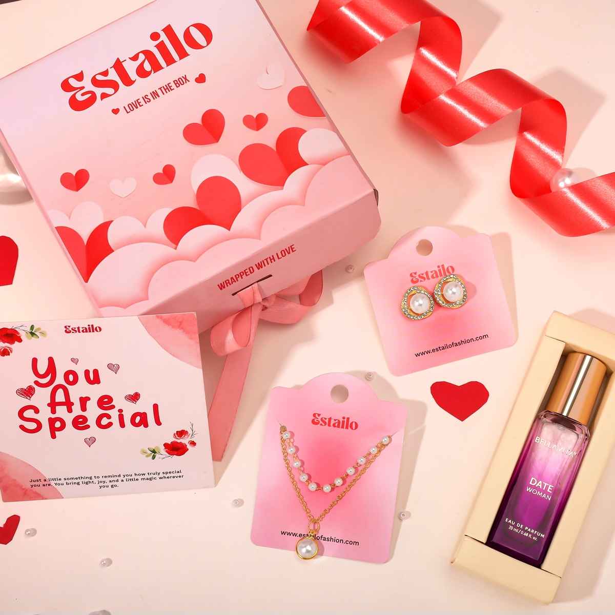 Estailo Fashion Gift Box Pearl Earrings, Necklace & Perfume | Women's Day