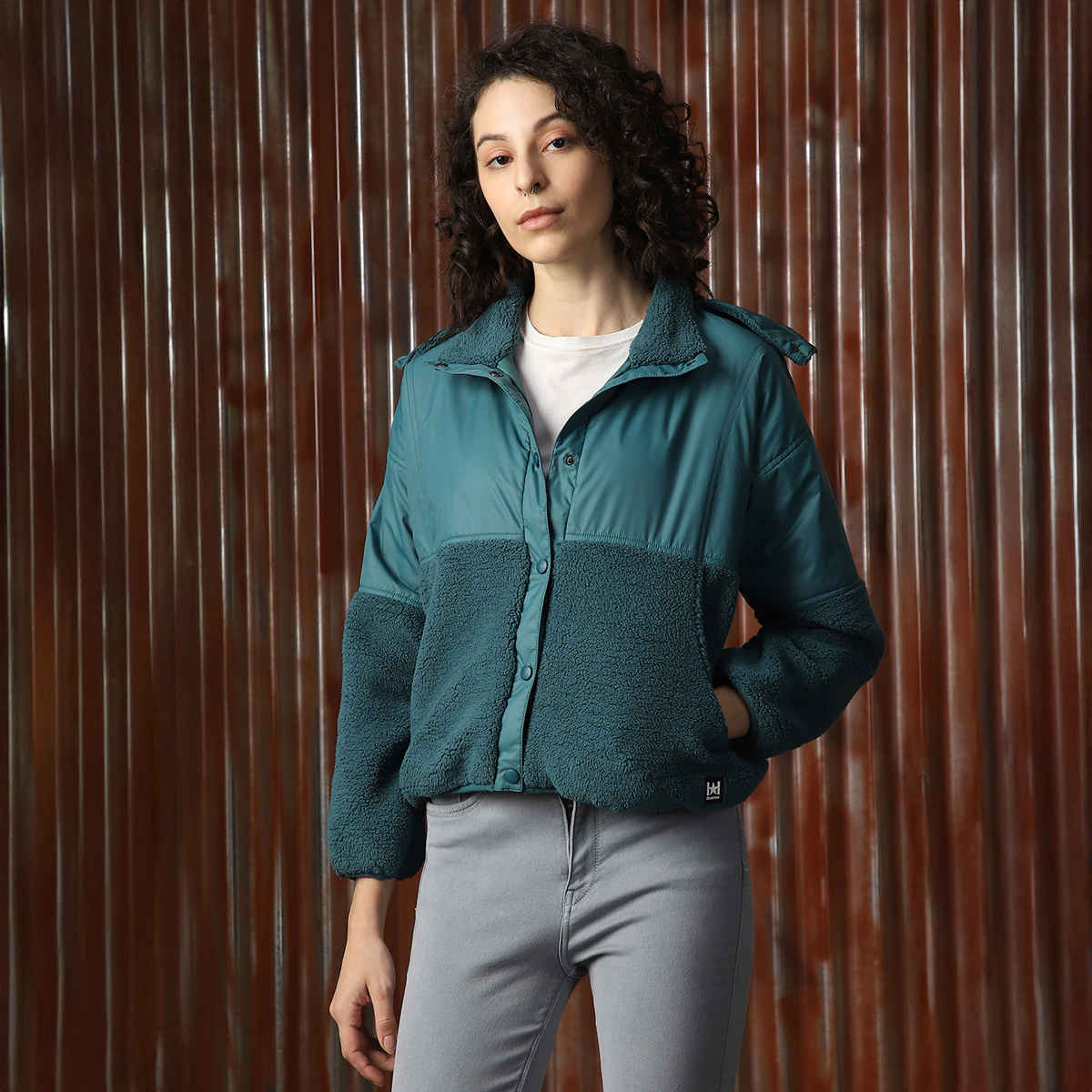 High Star Women's Self Design Shirt Collar Sweatshirt | Teal - L